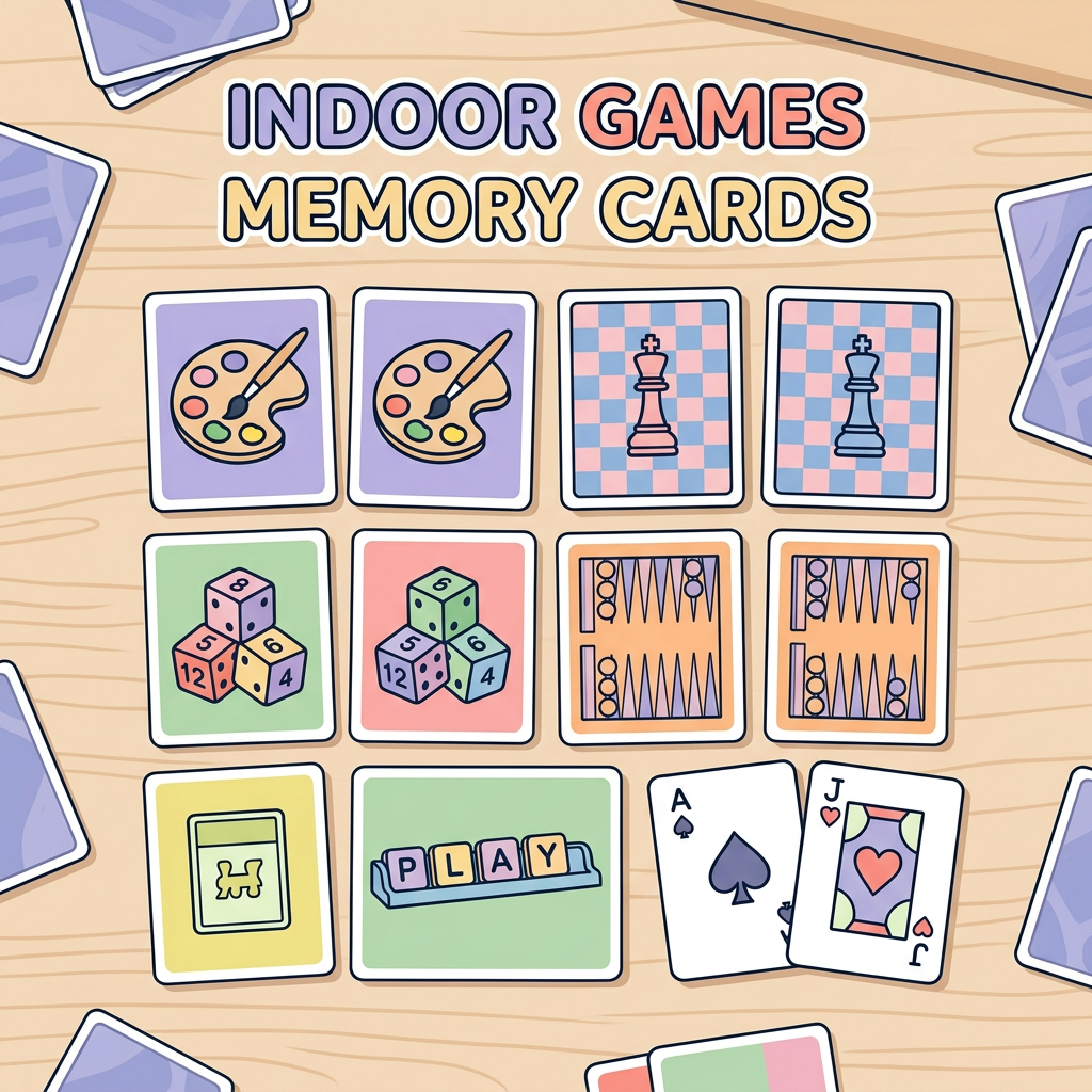 AI Design for Создай картинку Indoor Games Memory cards в таком же стиле как и на фото.