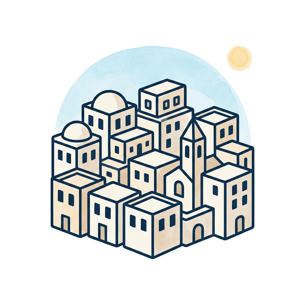 AI Design for Создай простую и понятную картинку-символ современный 🌍 Jerusalem (без мечети но с домами из белого камня) для детей и взрослых с аутизмом. Символ должен передавать одно действие, предмет или эмоцию без лишних деталей и фона. Белый фон.
Требования:
Минималистичный стиль.
Используй легкие цвета.
Один символ на картинку.
Высокий контраст.
Без текста и подписей.
Чёткие контуры и простые формы.
Дружелюбный, спокойный визуальный стиль.
Размер и композиция одинаковы для всех символов.