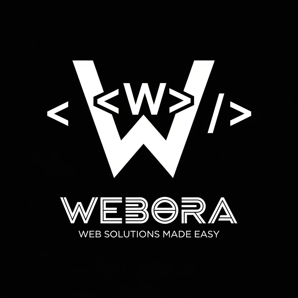 AI Design for Create an exact logo recreation.
Background: solid black.
Centered icon:
A large geometric white "W" made from thick angular vector strokes. The W consists of two overlapping sharp V-shaped structures. Place a white "<" bracket on the left side of the W and a white "/" plus ">" bracket on the right side, creating a coding symbol appearance similar to:
< W />
The icon should be bold, symmetrical, and occupy approximately 40% of the canvas height.
Below the icon place the word:
WEBORA
Typography:
* Futuristic sci-fi font
* Wide letter spacing
* Geometric construction
* E formed by three horizontal bars
* B stylized similar to the number 3
* Thin-to-medium stroke weight
* Uppercase letters
Below that place:
WEB SOLUTIONS MADE EASY
Small uppercase text.
Large tracking.
Light weight font.
Design style:
* Flat vector logo
* Black and white only
* No gradients
* No shadows
* No glow
* No 3D
* High contrast
* Modern software company branding
* SVG style
* Perfectly centered composition
* Minimalist coding aesthetic
* High resolution