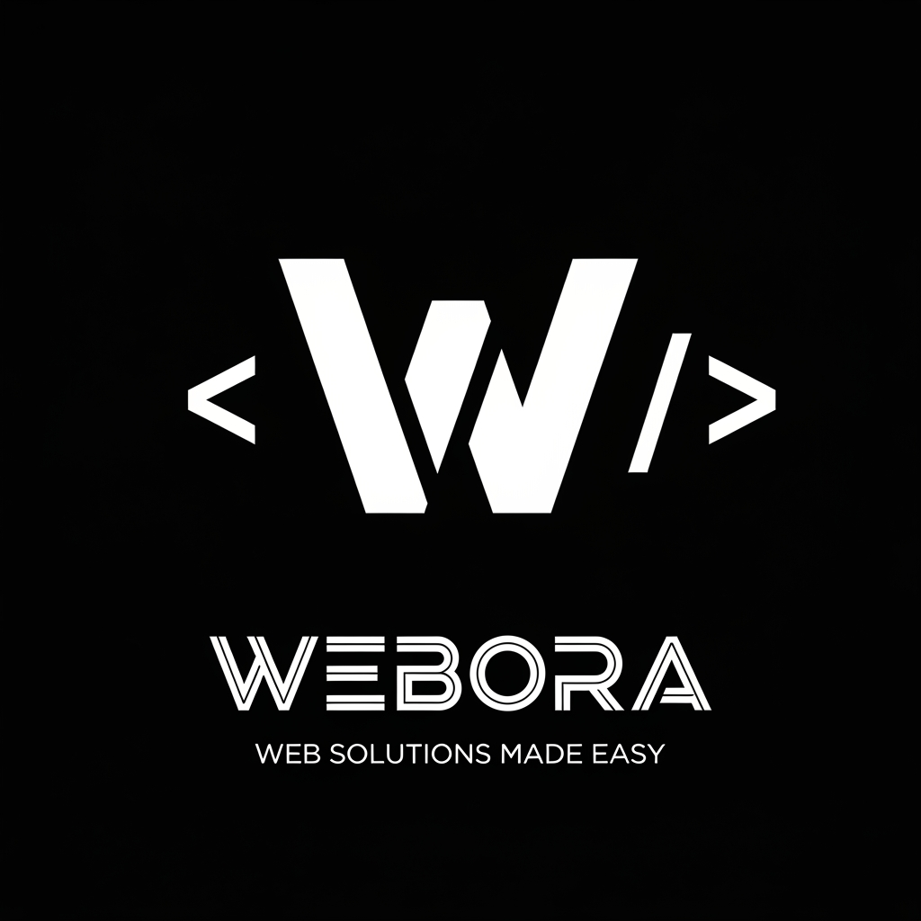 AI Design for Create an exact logo recreation.
Background: solid black.
Centered icon:
A large geometric white "W" made from thick angular vector strokes. The W consists of two overlapping sharp V-shaped structures. Place a white "<" bracket on the left side of the W and a white "/" plus ">" bracket on the right side, creating a coding symbol appearance similar to:
< W />
The icon should be bold, symmetrical, and occupy approximately 40% of the canvas height.
Below the icon place the word:
WEBORA
Typography:
* Futuristic sci-fi font
* Wide letter spacing
* Geometric construction
* E formed by three horizontal bars
* B stylized similar to the number 3
* Thin-to-medium stroke weight
* Uppercase letters
Below that place:
WEB SOLUTIONS MADE EASY
Small uppercase text.
Large tracking.
Light weight font.
Design style:
* Flat vector logo
* Black and white only
* No gradients
* No shadows
* No glow
* No 3D
* High contrast
* Modern software company branding
* SVG style
* Perfectly centered composition
* Minimalist coding aesthetic
* High resolution