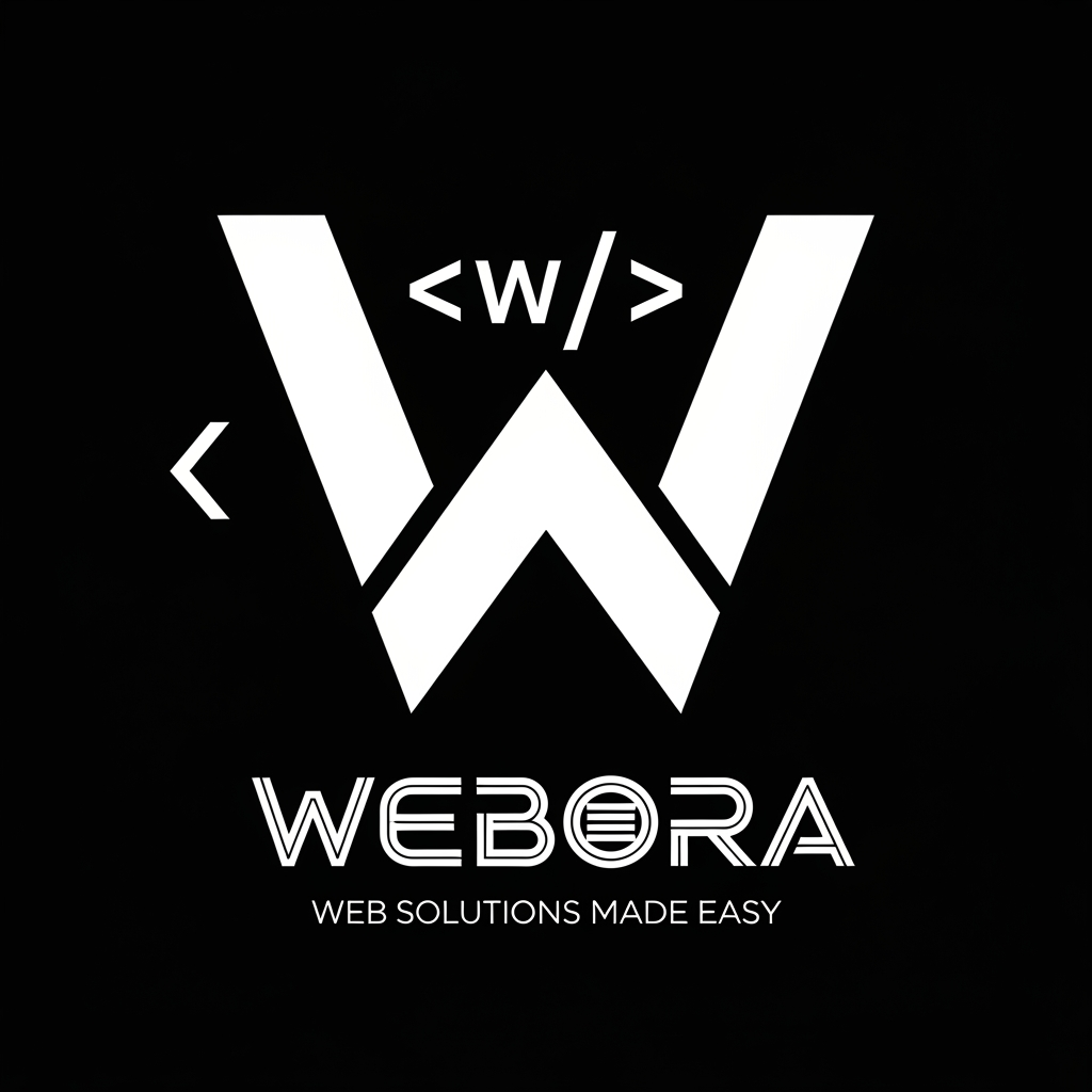 AI Design for Create an exact logo recreation.
Background: solid black.
Centered icon:
A large geometric white "W" made from thick angular vector strokes. The W consists of two overlapping sharp V-shaped structures. Place a white "<" bracket on the left side of the W and a white "/" plus ">" bracket on the right side, creating a coding symbol appearance similar to:
< W />
The icon should be bold, symmetrical, and occupy approximately 40% of the canvas height.
Below the icon place the word:
WEBORA
Typography:
* Futuristic sci-fi font
* Wide letter spacing
* Geometric construction
* E formed by three horizontal bars
* B stylized similar to the number 3
* Thin-to-medium stroke weight
* Uppercase letters
Below that place:
WEB SOLUTIONS MADE EASY
Small uppercase text.
Large tracking.
Light weight font.
Design style:
* Flat vector logo
* Black and white only
* No gradients
* No shadows
* No glow
* No 3D
* High contrast
* Modern software company branding
* SVG style
* Perfectly centered composition
* Minimalist coding aesthetic
* High resolution