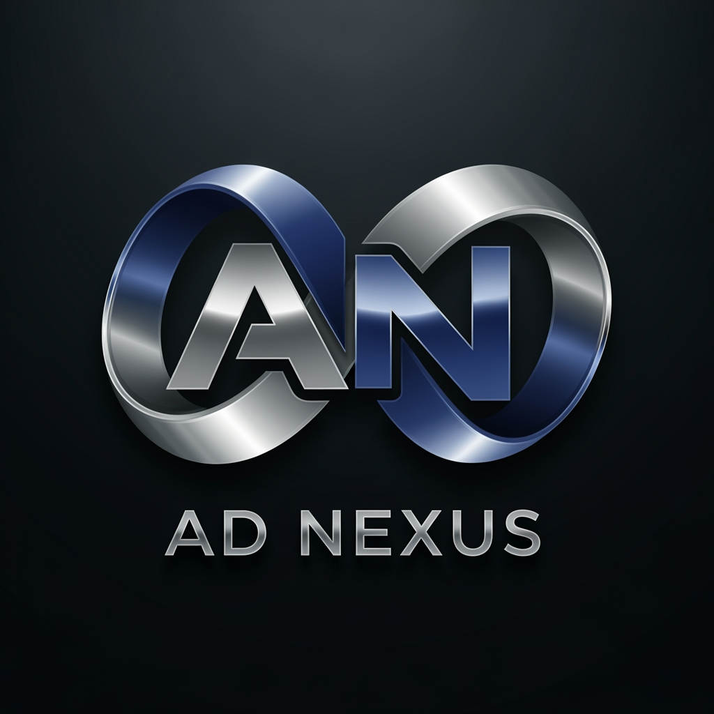 AI Design for An elegant abstract corporate logo for an advertising network named "AD NEXUS". The icon features a premium 3D metallic infinity loop ribbon, seamlessly intertwining the letters 'A' and 'N'. Deep royal blue and silver metallic chrome colors. Clean, spaced typography below reading "AD NEXUS". Sophisticated branding mockup, dark luxury background, ultra-clean vector aesthetic