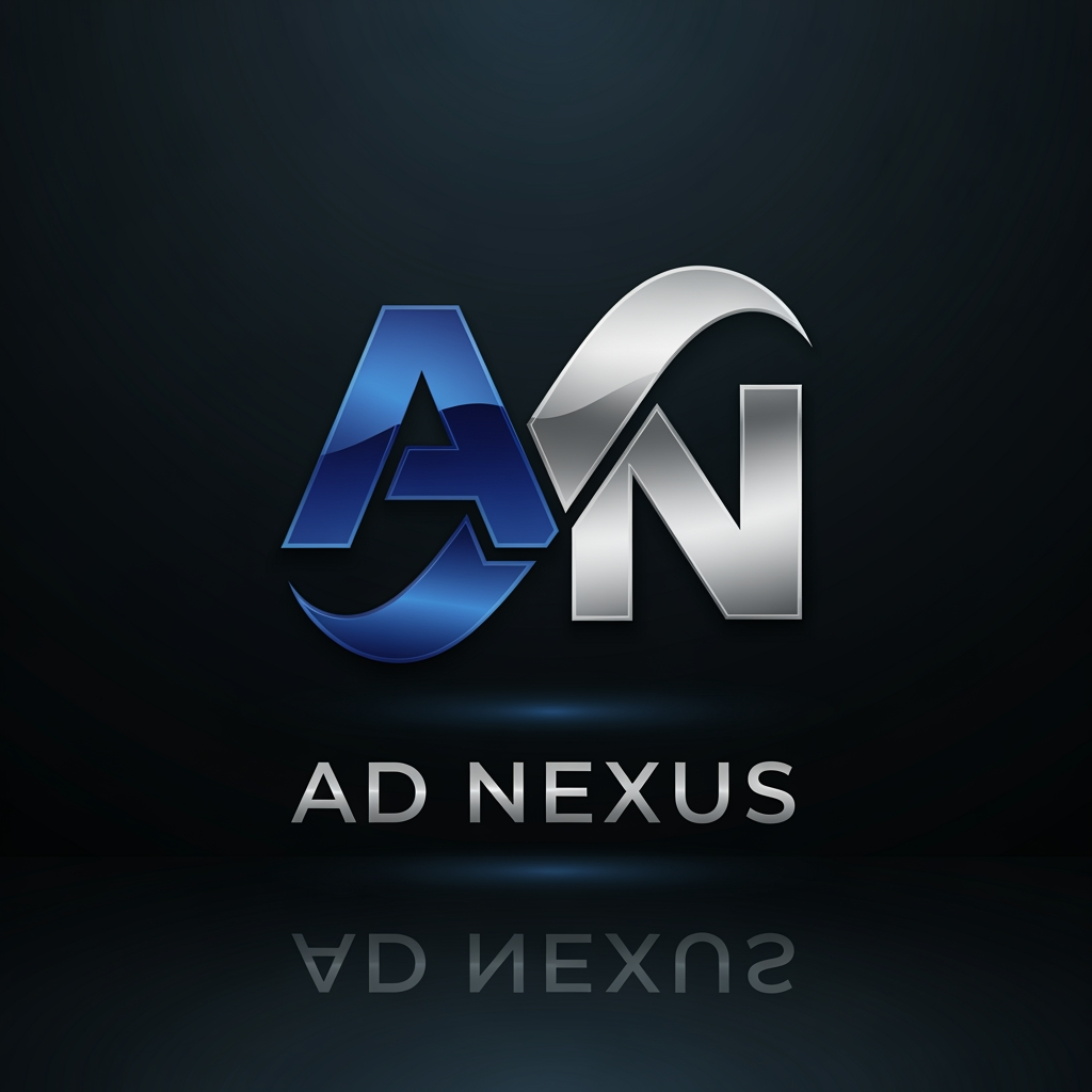 AI Design for An elegant abstract corporate logo for an advertising network named "AD NEXUS". The icon features a premium 3D metallic infinity loop ribbon, seamlessly intertwining the letters 'A' and 'N'. Deep royal blue and silver metallic chrome colors. Clean, spaced typography below reading "AD NEXUS". Sophisticated branding mockup, dark luxury background, ultra-clean vector aesthetic