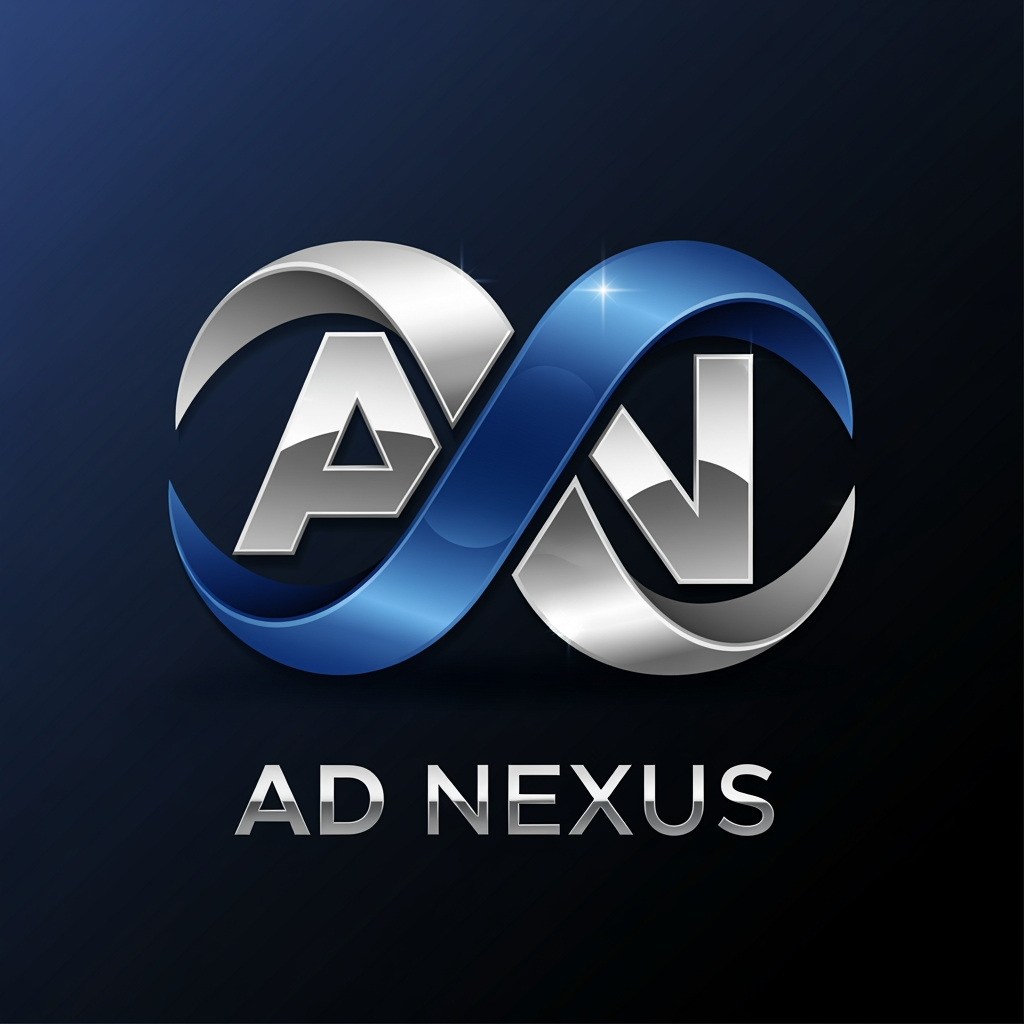AI Design for An elegant abstract corporate logo for an advertising network named "AD NEXUS". The icon features a premium 3D metallic infinity loop ribbon, seamlessly intertwining the letters 'A' and 'N'. Deep royal blue and silver metallic chrome colors. Clean, spaced typography below reading "AD NEXUS". Sophisticated branding mockup, dark luxury background, ultra-clean vector aesthetic