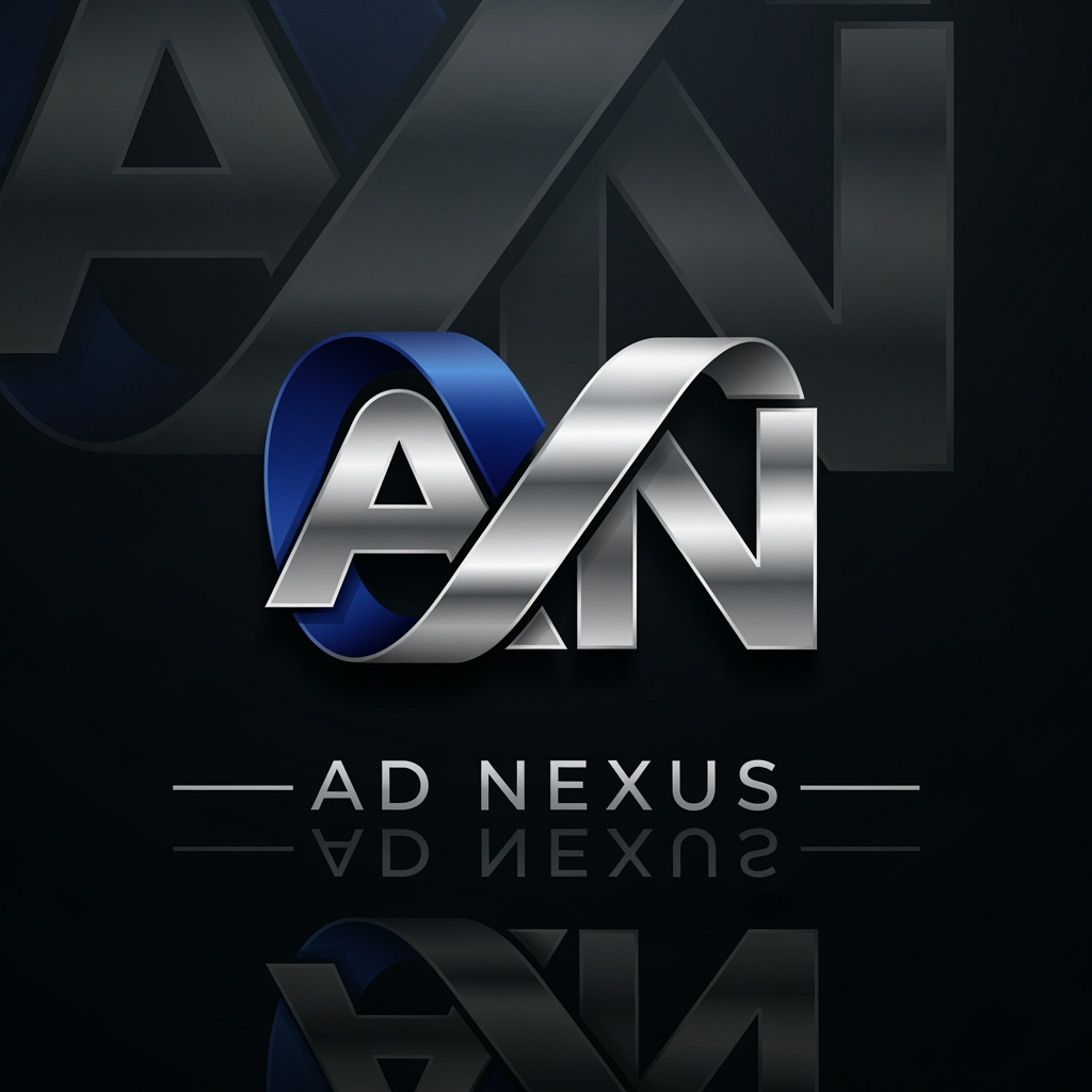 AI Design for An elegant abstract corporate logo for an advertising network named "AD NEXUS". The icon features a premium 3D metallic infinity loop ribbon, seamlessly intertwining the letters 'A' and 'N'. Deep royal blue and silver metallic chrome colors. Clean, spaced typography below reading "AD NEXUS". Sophisticated branding mockup, dark luxury background, ultra-clean vector aesthetic