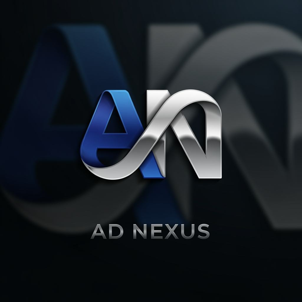 AI Design for An elegant abstract corporate logo for an advertising network named "AD NEXUS". The icon features a premium 3D metallic infinity loop ribbon, seamlessly intertwining the letters 'A' and 'N'. Deep royal blue and silver metallic chrome colors. Clean, spaced typography below reading "AD NEXUS". Sophisticated branding mockup, dark luxury background, ultra-clean vector aesthetic