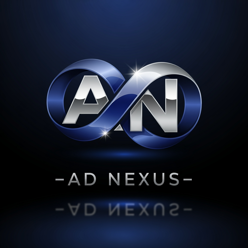 AI Design for An elegant abstract corporate logo for an advertising network named "AD NEXUS". The icon features a premium 3D metallic infinity loop ribbon, seamlessly intertwining the letters 'A' and 'N'. Deep royal blue and silver metallic chrome colors. Clean, spaced typography below reading "AD NEXUS". Sophisticated branding mockup, dark luxury background, ultra-clean vector aesthetic