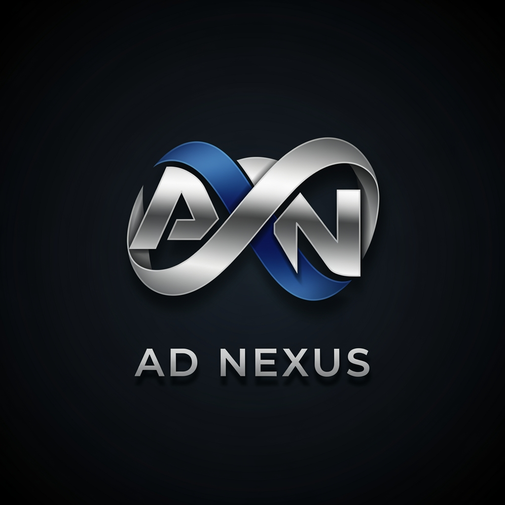 AI Design for An elegant abstract corporate logo for an advertising network named "AD NEXUS". The icon features a premium 3D metallic infinity loop ribbon, seamlessly intertwining the letters 'A' and 'N'. Deep royal blue and silver metallic chrome colors. Clean, spaced typography below reading "AD NEXUS". Sophisticated branding mockup, dark luxury background, ultra-clean vector aesthetic