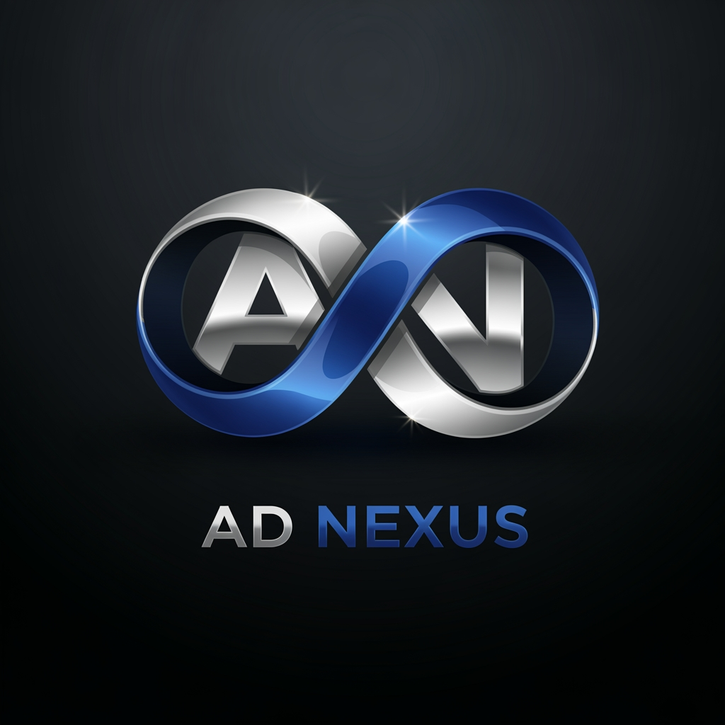 AI Design for An elegant abstract corporate logo for an advertising network named "AD NEXUS". The icon features a premium 3D metallic infinity loop ribbon, seamlessly intertwining the letters 'A' and 'N'. Deep royal blue and silver metallic chrome colors. Clean, spaced typography below reading "AD NEXUS". Sophisticated branding mockup, dark luxury background, ultra-clean vector aesthetic