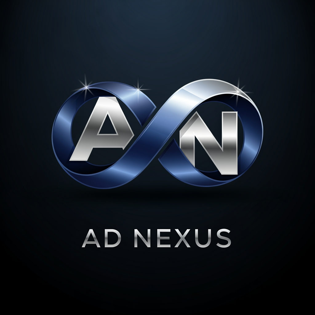 AI Design for An elegant abstract corporate logo for an advertising network named "AD NEXUS". The icon features a premium 3D metallic infinity loop ribbon, seamlessly intertwining the letters 'A' and 'N'. Deep royal blue and silver metallic chrome colors. Clean, spaced typography below reading "AD NEXUS". Sophisticated branding mockup, dark luxury background, ultra-clean vector aesthetic