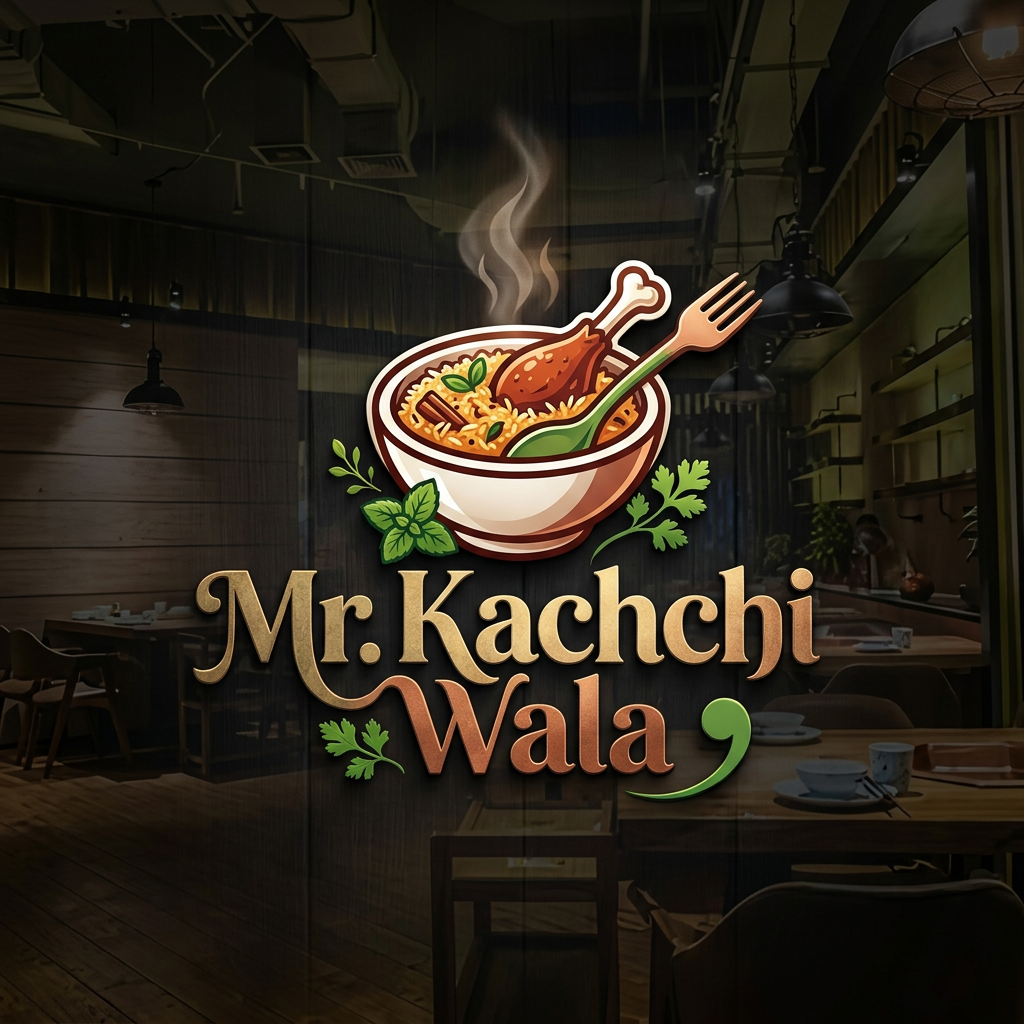 AI Design for Make me a logo named Mr. Kachchi Wala. Make the logo unique so that it looks very modern and stylish. The logo will have pictures of Kachchi and the back of a chicken leg. However, the logo cannot have any pictures of people.