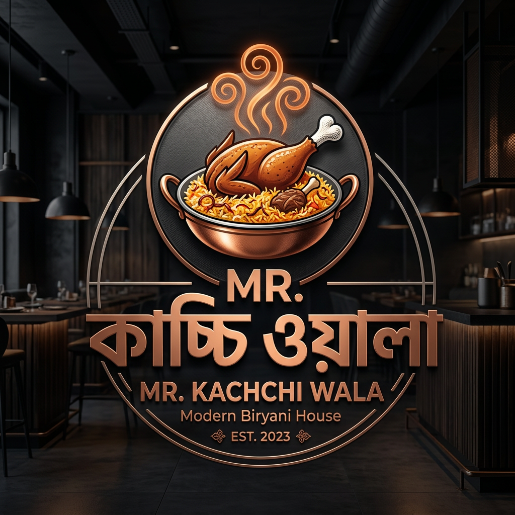 AI Design for Make me a logo named Mr. Kachchi Wala. Make the logo unique so that it looks very modern and stylish. The logo will have pictures of Kachchi and the back of a chicken leg. However, the logo cannot have any pictures of people.