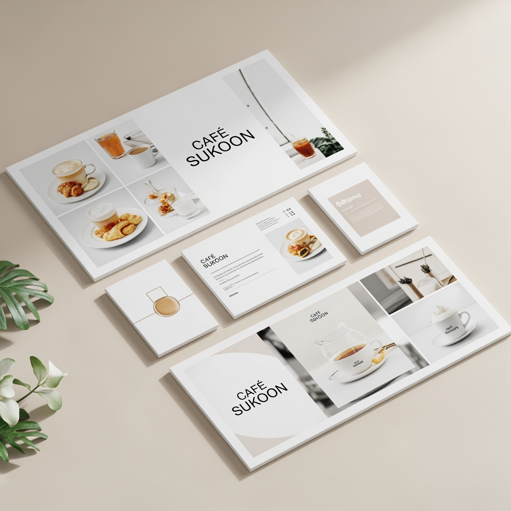 AI Design for Create a complete luxury café branding identity for a premium coffee brand named "CAFÉ SUKOON".

Style: Minimal, elegant, sophisticated, modern luxury.

Design a primary logo, monogram logo (CS), and icon logo. Use high-end serif typography inspired by luxury European cafés. Include a minimal coffee bean symbol combined with delicate botanical leaves. The logo should feel timeless, premium, calm, and memorable.

Color Palette:

* Warm Cream
* Soft Beige
* Latte Brown
* Rich Coffee Brown
* Dark Espresso

Brand Personality:
Calm, cozy, peaceful, premium, aesthetic, slow living, meaningful conversations, luxury coffee experience.

Include:
• Main Logo
• Circular Monogram Logo (CS)
• Coffee Bean + Leaf Icon
• Color Palette Presentation
• Typography Selection
• Coffee Cup Mockup
• Business Card Mockup
• Packaging Mockup
• Instagram Branding Preview

Tagline:
"A Moment of Peace in Every Sip"

Luxury café branding board presentation, realistic mockups, professional graphic design portfolio quality, Behance featured project style, clean layout, soft shadows, premium branding showcase, ultra high resolution.