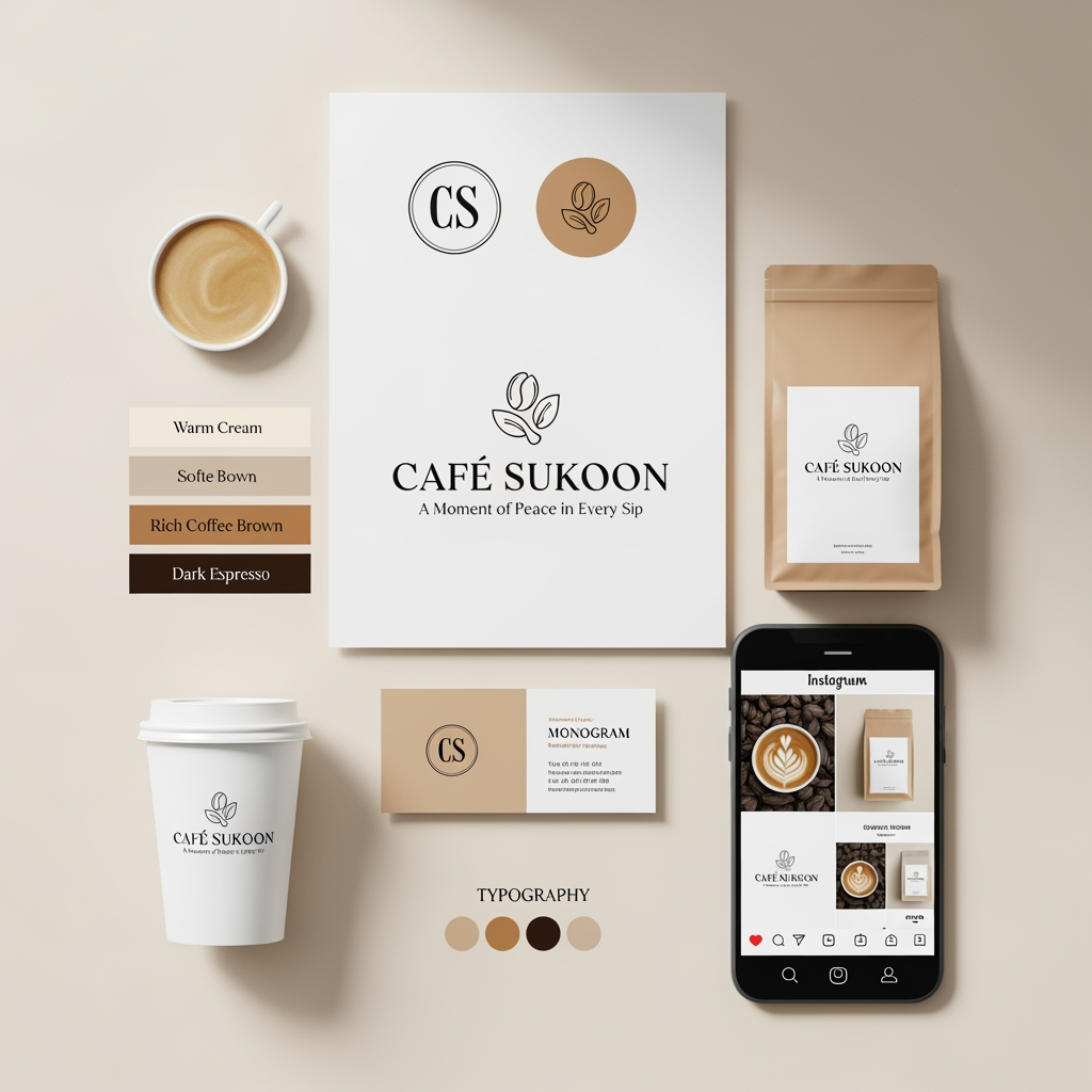 AI Design for Create a complete luxury café branding identity for a premium coffee brand named "CAFÉ SUKOON".

Style: Minimal, elegant, sophisticated, modern luxury.

Design a primary logo, monogram logo (CS), and icon logo. Use high-end serif typography inspired by luxury European cafés. Include a minimal coffee bean symbol combined with delicate botanical leaves. The logo should feel timeless, premium, calm, and memorable.

Color Palette:

* Warm Cream
* Soft Beige
* Latte Brown
* Rich Coffee Brown
* Dark Espresso

Brand Personality:
Calm, cozy, peaceful, premium, aesthetic, slow living, meaningful conversations, luxury coffee experience.

Include:
• Main Logo
• Circular Monogram Logo (CS)
• Coffee Bean + Leaf Icon
• Color Palette Presentation
• Typography Selection
• Coffee Cup Mockup
• Business Card Mockup
• Packaging Mockup
• Instagram Branding Preview

Tagline:
"A Moment of Peace in Every Sip"

Luxury café branding board presentation, realistic mockups, professional graphic design portfolio quality, Behance featured project style, clean layout, soft shadows, premium branding showcase, ultra high resolution.