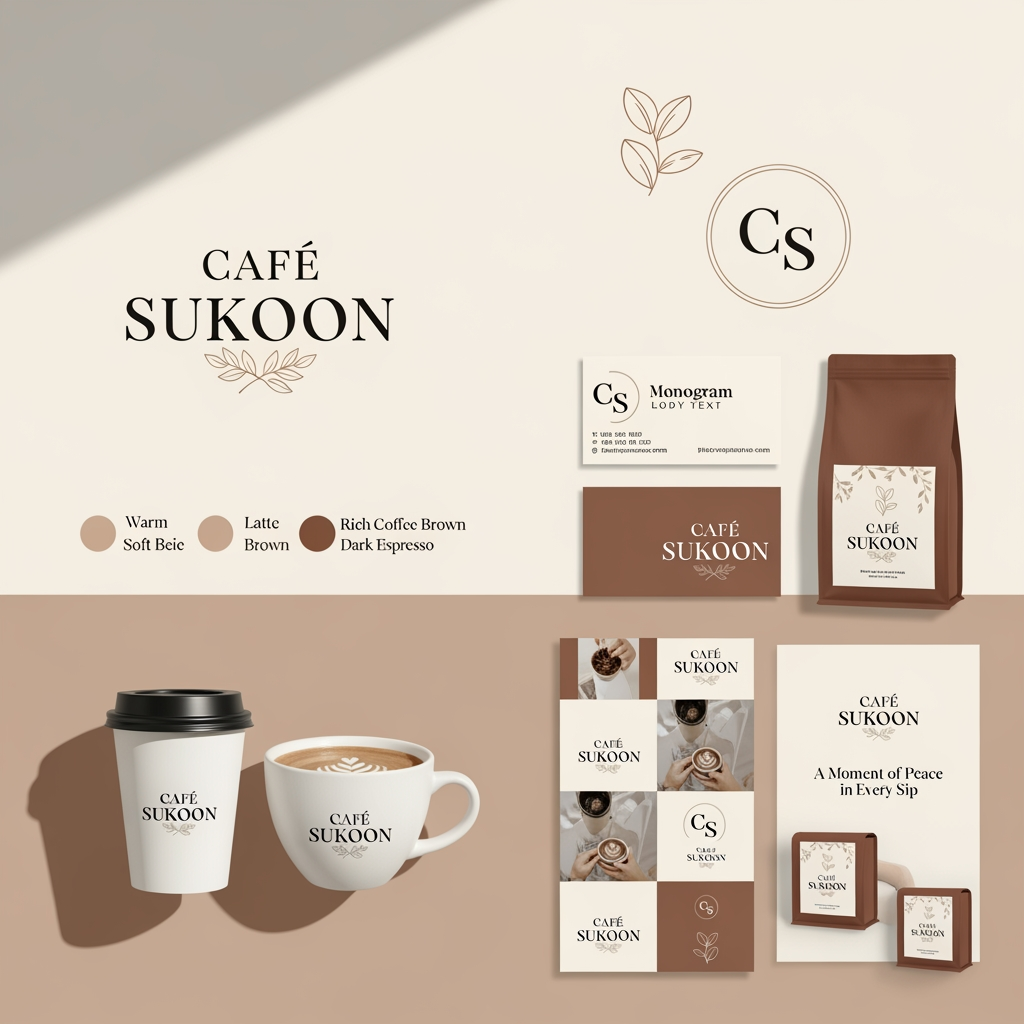 AI Design for Create a complete luxury café branding identity for a premium coffee brand named "CAFÉ SUKOON".

Style: Minimal, elegant, sophisticated, modern luxury.

Design a primary logo, monogram logo (CS), and icon logo. Use high-end serif typography inspired by luxury European cafés. Include a minimal coffee bean symbol combined with delicate botanical leaves. The logo should feel timeless, premium, calm, and memorable.

Color Palette:

* Warm Cream
* Soft Beige
* Latte Brown
* Rich Coffee Brown
* Dark Espresso

Brand Personality:
Calm, cozy, peaceful, premium, aesthetic, slow living, meaningful conversations, luxury coffee experience.

Include:
• Main Logo
• Circular Monogram Logo (CS)
• Coffee Bean + Leaf Icon
• Color Palette Presentation
• Typography Selection
• Coffee Cup Mockup
• Business Card Mockup
• Packaging Mockup
• Instagram Branding Preview

Tagline:
"A Moment of Peace in Every Sip"

Luxury café branding board presentation, realistic mockups, professional graphic design portfolio quality, Behance featured project style, clean layout, soft shadows, premium branding showcase, ultra high resolution.