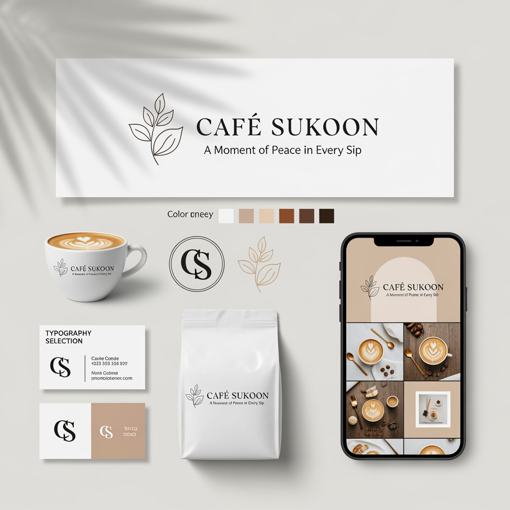 AI Design for Create a complete luxury café branding identity for a premium coffee brand named "CAFÉ SUKOON".

Style: Minimal, elegant, sophisticated, modern luxury.

Design a primary logo, monogram logo (CS), and icon logo. Use high-end serif typography inspired by luxury European cafés. Include a minimal coffee bean symbol combined with delicate botanical leaves. The logo should feel timeless, premium, calm, and memorable.

Color Palette:

* Warm Cream
* Soft Beige
* Latte Brown
* Rich Coffee Brown
* Dark Espresso

Brand Personality:
Calm, cozy, peaceful, premium, aesthetic, slow living, meaningful conversations, luxury coffee experience.

Include:
• Main Logo
• Circular Monogram Logo (CS)
• Coffee Bean + Leaf Icon
• Color Palette Presentation
• Typography Selection
• Coffee Cup Mockup
• Business Card Mockup
• Packaging Mockup
• Instagram Branding Preview

Tagline:
"A Moment of Peace in Every Sip"

Luxury café branding board presentation, realistic mockups, professional graphic design portfolio quality, Behance featured project style, clean layout, soft shadows, premium branding showcase, ultra high resolution.