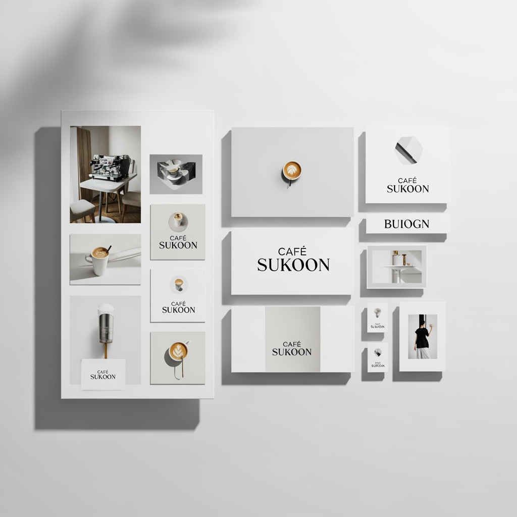 AI Design for Create a complete luxury café branding identity for a premium coffee brand named "CAFÉ SUKOON".

Style: Minimal, elegant, sophisticated, modern luxury.

Design a primary logo, monogram logo (CS), and icon logo. Use high-end serif typography inspired by luxury European cafés. Include a minimal coffee bean symbol combined with delicate botanical leaves. The logo should feel timeless, premium, calm, and memorable.

Color Palette:

* Warm Cream
* Soft Beige
* Latte Brown
* Rich Coffee Brown
* Dark Espresso

Brand Personality:
Calm, cozy, peaceful, premium, aesthetic, slow living, meaningful conversations, luxury coffee experience.

Include:
• Main Logo
• Circular Monogram Logo (CS)
• Coffee Bean + Leaf Icon
• Color Palette Presentation
• Typography Selection
• Coffee Cup Mockup
• Business Card Mockup
• Packaging Mockup
• Instagram Branding Preview

Tagline:
"A Moment of Peace in Every Sip"

Luxury café branding board presentation, realistic mockups, professional graphic design portfolio quality, Behance featured project style, clean layout, soft shadows, premium branding showcase, ultra high resolution.