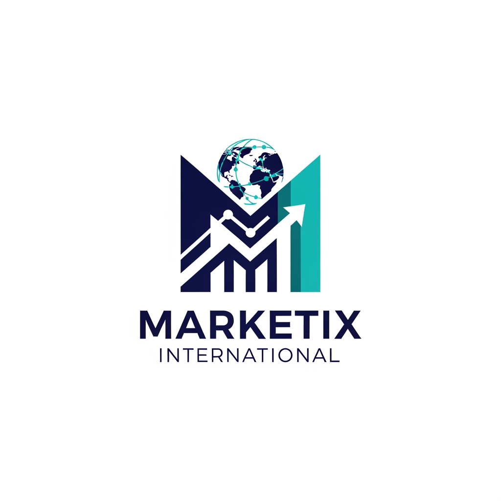 AI Design for Prompt: A professional and premium vector logo design for a global corporate company named "Marketix International". The logo icon should feature a sleek, modern, abstract geometric icon that combines a stylized letter "M" with a subtle upward-trending chart and a global network motif, symbolizing growth and international reach. Clean, sharp lines with an innovative, tech-forward feel. Elegant and bold sans-serif typography for the company name. Color palette: Deep corporate navy blue, vibrant digital teal, and crisp white accents. Flat design, minimalist, 2D vector graphic style, isolated on a solid white background, high resolution, corporate branding kit quality. --no realistic photos, complex 3D rendering, or heavy gradients.