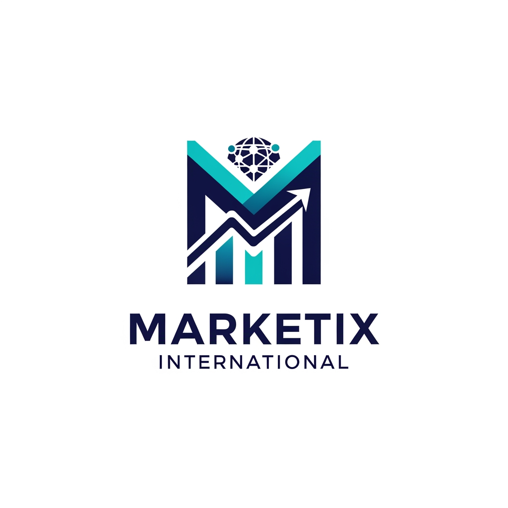 AI Design for Prompt: A professional and premium vector logo design for a global corporate company named "Marketix International". The logo icon should feature a sleek, modern, abstract geometric icon that combines a stylized letter "M" with a subtle upward-trending chart and a global network motif, symbolizing growth and international reach. Clean, sharp lines with an innovative, tech-forward feel. Elegant and bold sans-serif typography for the company name. Color palette: Deep corporate navy blue, vibrant digital teal, and crisp white accents. Flat design, minimalist, 2D vector graphic style, isolated on a solid white background, high resolution, corporate branding kit quality. --no realistic photos, complex 3D rendering, or heavy gradients.