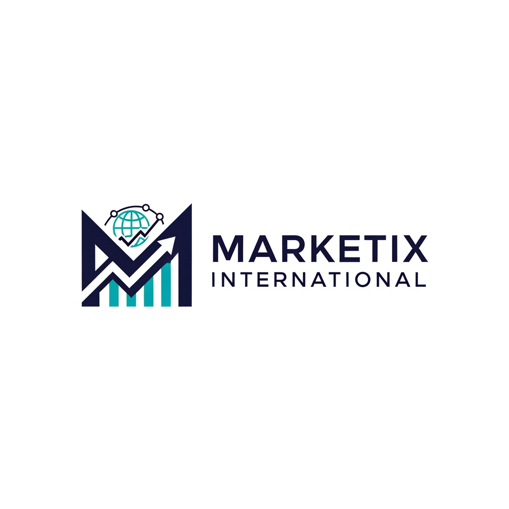 AI Design for Prompt: A professional and premium vector logo design for a global corporate company named "Marketix International". The logo icon should feature a sleek, modern, abstract geometric icon that combines a stylized letter "M" with a subtle upward-trending chart and a global network motif, symbolizing growth and international reach. Clean, sharp lines with an innovative, tech-forward feel. Elegant and bold sans-serif typography for the company name. Color palette: Deep corporate navy blue, vibrant digital teal, and crisp white accents. Flat design, minimalist, 2D vector graphic style, isolated on a solid white background, high resolution, corporate branding kit quality. --no realistic photos, complex 3D rendering, or heavy gradients.