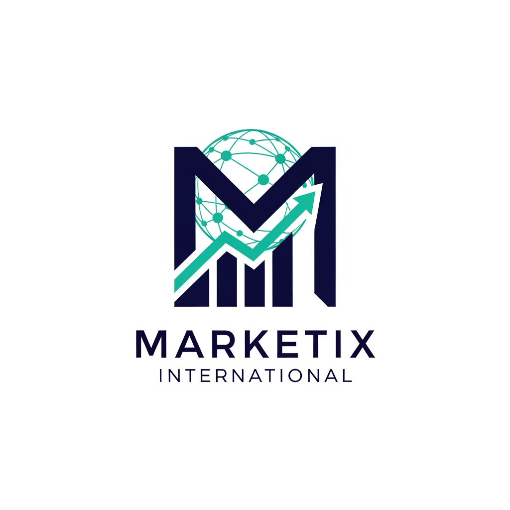 AI Design for Prompt: A professional and premium vector logo design for a global corporate company named "Marketix International". The logo icon should feature a sleek, modern, abstract geometric icon that combines a stylized letter "M" with a subtle upward-trending chart and a global network motif, symbolizing growth and international reach. Clean, sharp lines with an innovative, tech-forward feel. Elegant and bold sans-serif typography for the company name. Color palette: Deep corporate navy blue, vibrant digital teal, and crisp white accents. Flat design, minimalist, 2D vector graphic style, isolated on a solid white background, high resolution, corporate branding kit quality. --no realistic photos, complex 3D rendering, or heavy gradients.