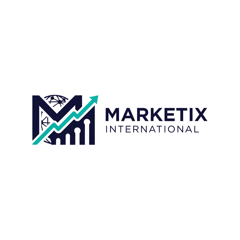 AI Design for Prompt: A professional and premium vector logo design for a global corporate company named "Marketix International". The logo icon should feature a sleek, modern, abstract geometric icon that combines a stylized letter "M" with a subtle upward-trending chart and a global network motif, symbolizing growth and international reach. Clean, sharp lines with an innovative, tech-forward feel. Elegant and bold sans-serif typography for the company name. Color palette: Deep corporate navy blue, vibrant digital teal, and crisp white accents. Flat design, minimalist, 2D vector graphic style, isolated on a solid white background, high resolution, corporate branding kit quality. --no realistic photos, complex 3D rendering, or heavy gradients.