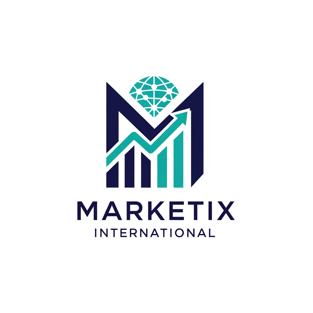 AI Design for Prompt: A professional and premium vector logo design for a global corporate company named "Marketix International". The logo icon should feature a sleek, modern, abstract geometric icon that combines a stylized letter "M" with a subtle upward-trending chart and a global network motif, symbolizing growth and international reach. Clean, sharp lines with an innovative, tech-forward feel. Elegant and bold sans-serif typography for the company name. Color palette: Deep corporate navy blue, vibrant digital teal, and crisp white accents. Flat design, minimalist, 2D vector graphic style, isolated on a solid white background, high resolution, corporate branding kit quality. --no realistic photos, complex 3D rendering, or heavy gradients.