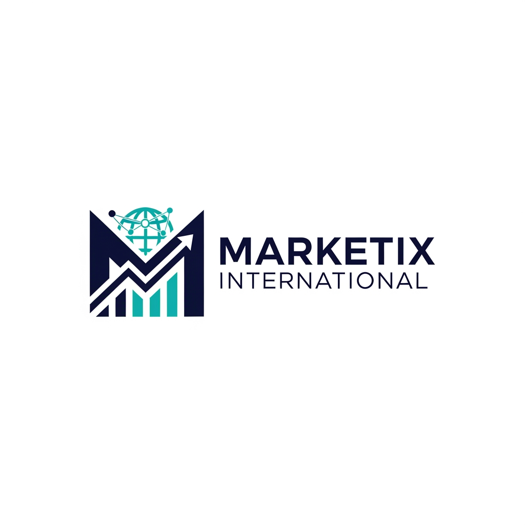 AI Design for Prompt: A professional and premium vector logo design for a global corporate company named "Marketix International". The logo icon should feature a sleek, modern, abstract geometric icon that combines a stylized letter "M" with a subtle upward-trending chart and a global network motif, symbolizing growth and international reach. Clean, sharp lines with an innovative, tech-forward feel. Elegant and bold sans-serif typography for the company name. Color palette: Deep corporate navy blue, vibrant digital teal, and crisp white accents. Flat design, minimalist, 2D vector graphic style, isolated on a solid white background, high resolution, corporate branding kit quality. --no realistic photos, complex 3D rendering, or heavy gradients.