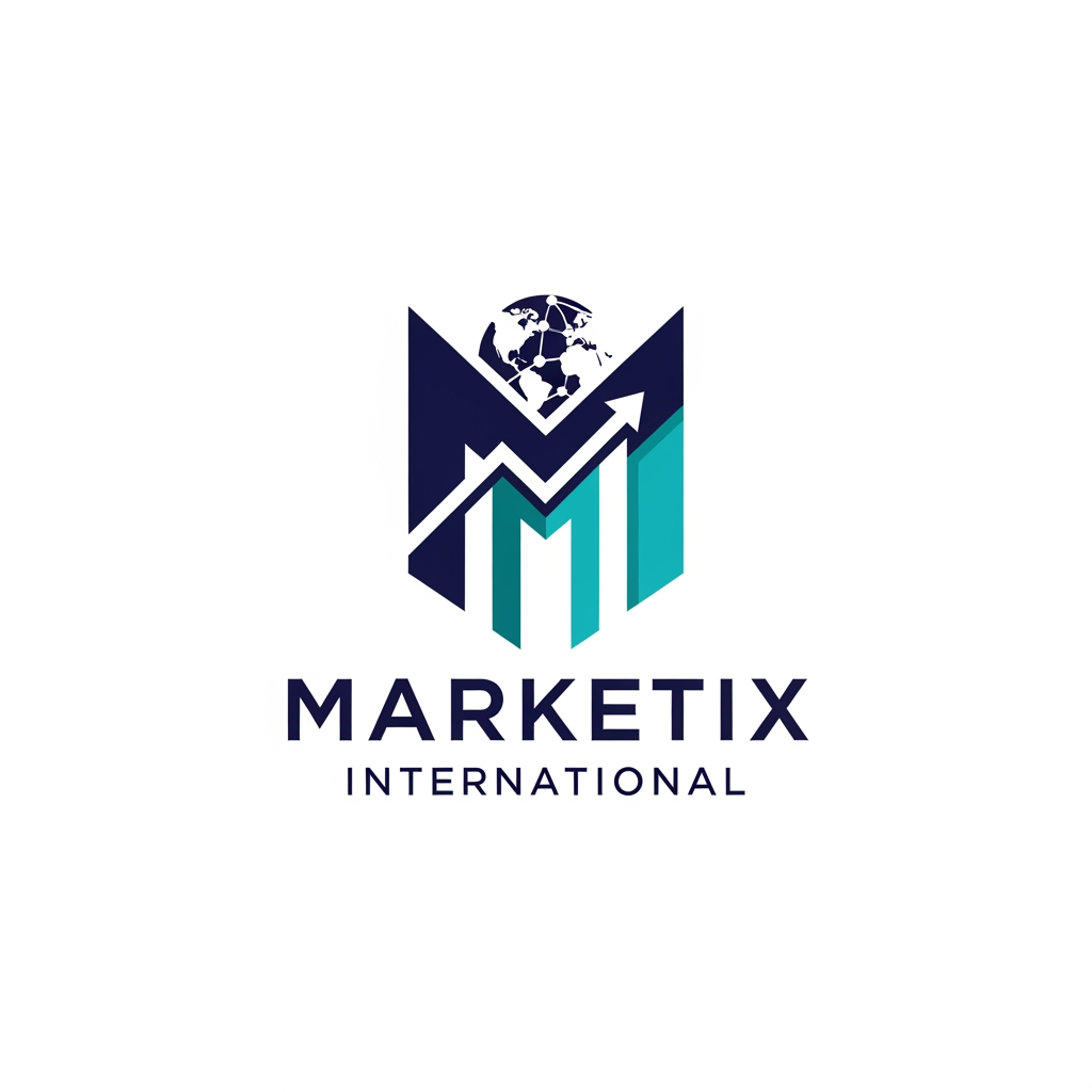 AI Design for Prompt: A professional and premium vector logo design for a global corporate company named "Marketix International". The logo icon should feature a sleek, modern, abstract geometric icon that combines a stylized letter "M" with a subtle upward-trending chart and a global network motif, symbolizing growth and international reach. Clean, sharp lines with an innovative, tech-forward feel. Elegant and bold sans-serif typography for the company name. Color palette: Deep corporate navy blue, vibrant digital teal, and crisp white accents. Flat design, minimalist, 2D vector graphic style, isolated on a solid white background, high resolution, corporate branding kit quality. --no realistic photos, complex 3D rendering, or heavy gradients.