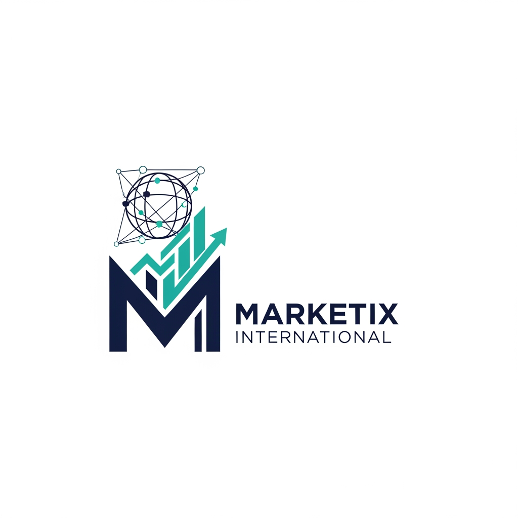 AI Design for Prompt: A professional and premium vector logo design for a global corporate company named "Marketix International". The logo icon should feature a sleek, modern, abstract geometric icon that combines a stylized letter "M" with a subtle upward-trending chart and a global network motif, symbolizing growth and international reach. Clean, sharp lines with an innovative, tech-forward feel. Elegant and bold sans-serif typography for the company name. Color palette: Deep corporate navy blue, vibrant digital teal, and crisp white accents. Flat design, minimalist, 2D vector graphic style, isolated on a solid white background, high resolution, corporate branding kit quality. --no realistic photos, complex 3D rendering, or heavy gradients.