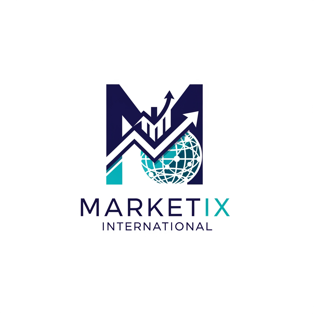 AI Design for Prompt: A professional and premium vector logo design for a global corporate company named "Marketix International". The logo icon should feature a sleek, modern, abstract geometric icon that combines a stylized letter "M" with a subtle upward-trending chart and a global network motif, symbolizing growth and international reach. Clean, sharp lines with an innovative, tech-forward feel. Elegant and bold sans-serif typography for the company name. Color palette: Deep corporate navy blue, vibrant digital teal, and crisp white accents. Flat design, minimalist, 2D vector graphic style, isolated on a solid white background, high resolution, corporate branding kit quality. --no realistic photos, complex 3D rendering, or heavy gradients.
