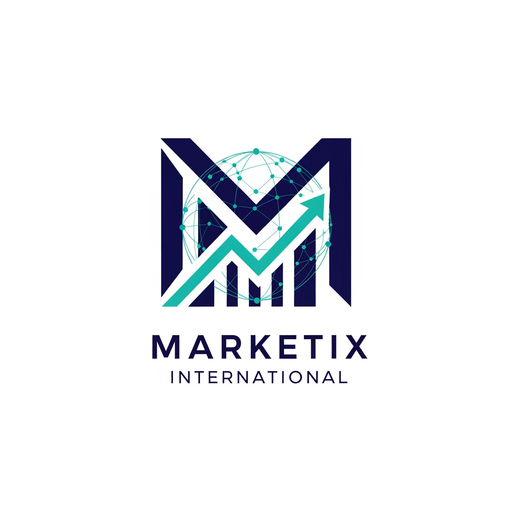 AI Design for Prompt: A professional and premium vector logo design for a global corporate company named "Marketix International". The logo icon should feature a sleek, modern, abstract geometric icon that combines a stylized letter "M" with a subtle upward-trending chart and a global network motif, symbolizing growth and international reach. Clean, sharp lines with an innovative, tech-forward feel. Elegant and bold sans-serif typography for the company name. Color palette: Deep corporate navy blue, vibrant digital teal, and crisp white accents. Flat design, minimalist, 2D vector graphic style, isolated on a solid white background, high resolution, corporate branding kit quality. --no realistic photos, complex 3D rendering, or heavy gradients.