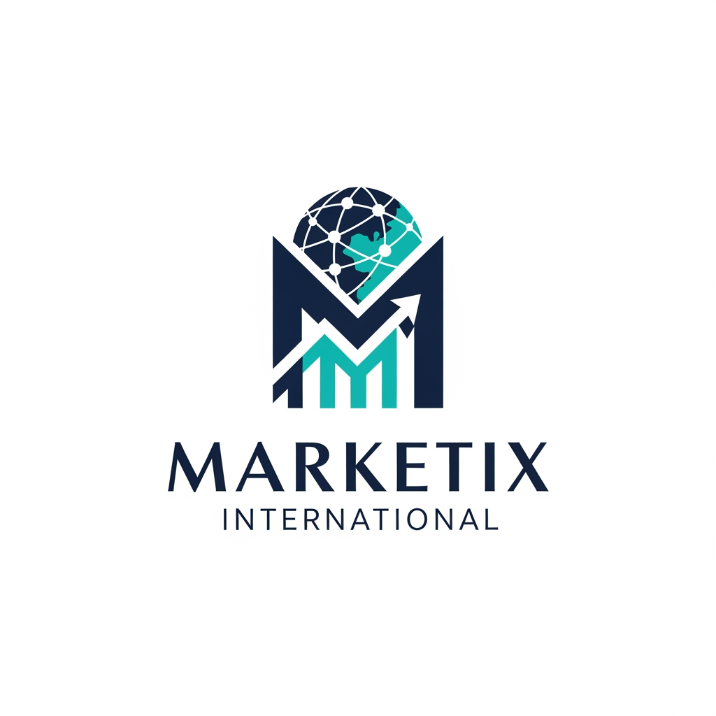 AI Design for Prompt: A professional and premium vector logo design for a global corporate company named "Marketix International". The logo icon should feature a sleek, modern, abstract geometric icon that combines a stylized letter "M" with a subtle upward-trending chart and a global network motif, symbolizing growth and international reach. Clean, sharp lines with an innovative, tech-forward feel. Elegant and bold sans-serif typography for the company name. Color palette: Deep corporate navy blue, vibrant digital teal, and crisp white accents. Flat design, minimalist, 2D vector graphic style, isolated on a solid white background, high resolution, corporate branding kit quality. --no realistic photos, complex 3D rendering, or heavy gradients.