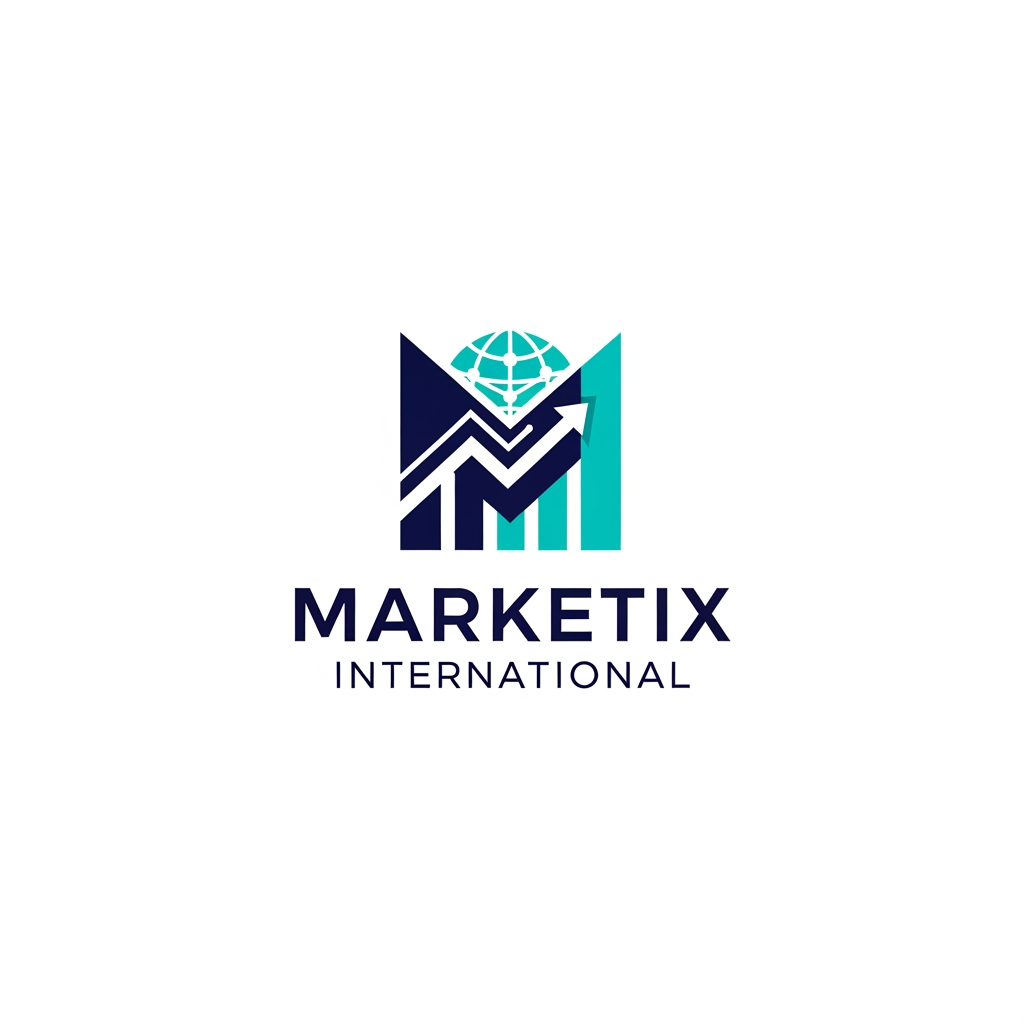 AI Design for Prompt: A professional and premium vector logo design for a global corporate company named "Marketix International". The logo icon should feature a sleek, modern, abstract geometric icon that combines a stylized letter "M" with a subtle upward-trending chart and a global network motif, symbolizing growth and international reach. Clean, sharp lines with an innovative, tech-forward feel. Elegant and bold sans-serif typography for the company name. Color palette: Deep corporate navy blue, vibrant digital teal, and crisp white accents. Flat design, minimalist, 2D vector graphic style, isolated on a solid white background, high resolution, corporate branding kit quality. --no realistic photos, complex 3D rendering, or heavy gradients.
