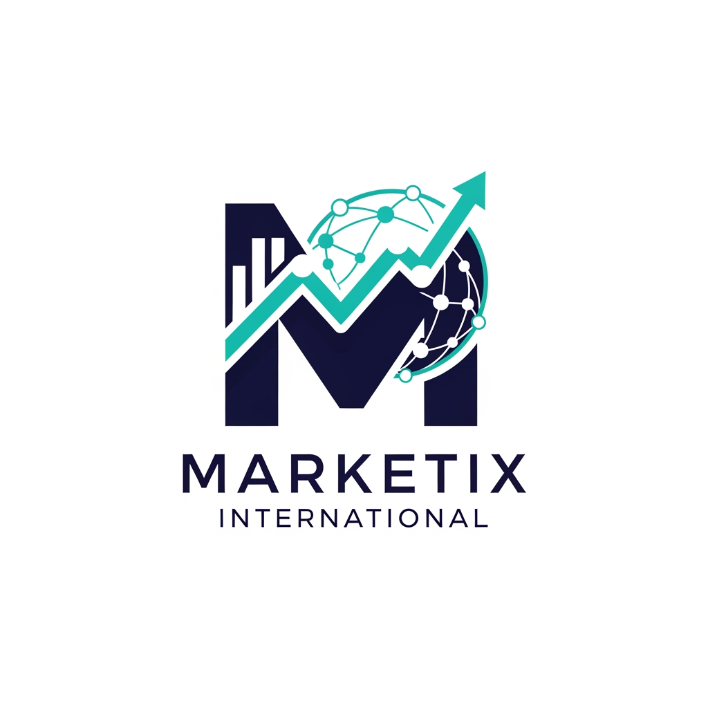 AI Design for Prompt: A professional and premium vector logo design for a global corporate company named "Marketix International". The logo icon should feature a sleek, modern, abstract geometric icon that combines a stylized letter "M" with a subtle upward-trending chart and a global network motif, symbolizing growth and international reach. Clean, sharp lines with an innovative, tech-forward feel. Elegant and bold sans-serif typography for the company name. Color palette: Deep corporate navy blue, vibrant digital teal, and crisp white accents. Flat design, minimalist, 2D vector graphic style, isolated on a solid white background, high resolution, corporate branding kit quality. --no realistic photos, complex 3D rendering, or heavy gradients.