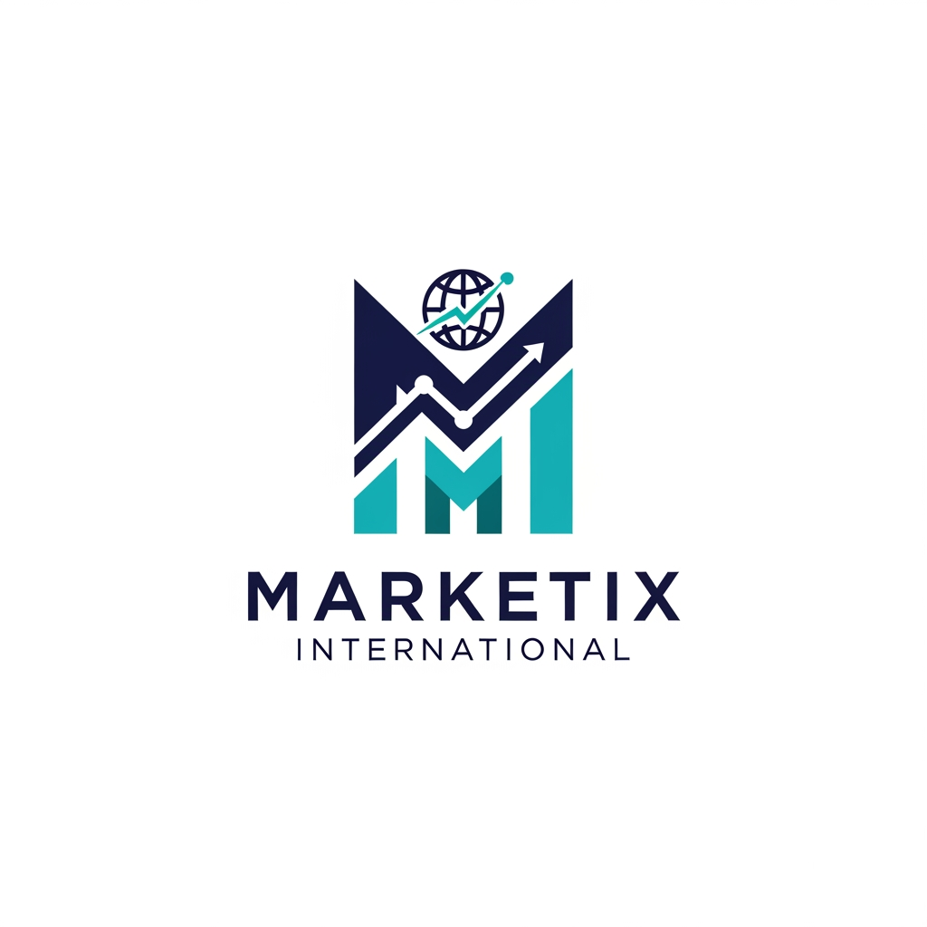 AI Design for Prompt: A professional and premium vector logo design for a global corporate company named "Marketix International". The logo icon should feature a sleek, modern, abstract geometric icon that combines a stylized letter "M" with a subtle upward-trending chart and a global network motif, symbolizing growth and international reach. Clean, sharp lines with an innovative, tech-forward feel. Elegant and bold sans-serif typography for the company name. Color palette: Deep corporate navy blue, vibrant digital teal, and crisp white accents. Flat design, minimalist, 2D vector graphic style, isolated on a solid white background, high resolution, corporate branding kit quality. --no realistic photos, complex 3D rendering, or heavy gradients.