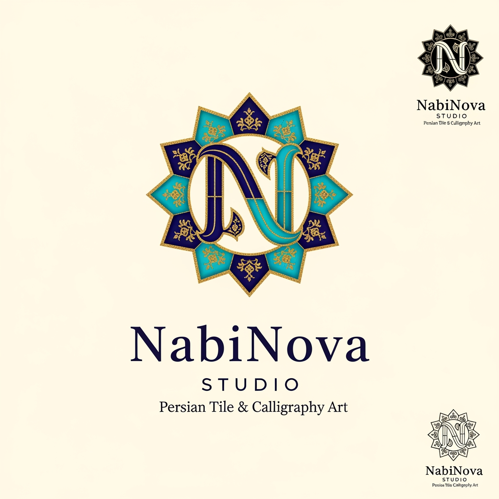 AI Design for Design a premium logo for a Persian ceramic art and tile studio called "NabiNova Studio".
The logo should combine:
Traditional Persian tile art
Persian calligraphy aesthetics
An elegant monogram based on the letter N
An eight-point Persian star (Shamsa) motif
Inspiration from historic Iranian mosque tiles and Isfahan architecture
Handcrafted artisan identity
Luxury and timeless design
Style requirements:
Clean vector logo
Professional brand identity
Minimal but culturally rich
Suitable for laser engraving, stamps, packaging, business cards, website, and ceramic tile backs
Balanced combination of modern European branding and classical Persian ornamentation
Symmetrical composition
High-end luxury appearance
Color palette:
Deep Persian blue
Turquoise
Gold accents
Ivory background
Typography:
Main text: NabiNova
Secondary text: STUDIO
Optional tagline: Persian Tile & Calligraphy Art
Elegant serif typography with refined spacing
Symbol concept:
A stylized monogram "N" integrated with Persian calligraphic curves, placed in front of or inside a geometric eight-point star tile pattern. The symbol should be recognizable even without text.
Avoid:
Cartoon style
Generic AI logo look
Overly complex ornamentation
Modern tech-company aesthetics
3D effects
Mockups
Output:
White background
Pure vector logo style
Brand presentation board
Black-and-white version included
SVG-ready design
Museum-quality artisan branding