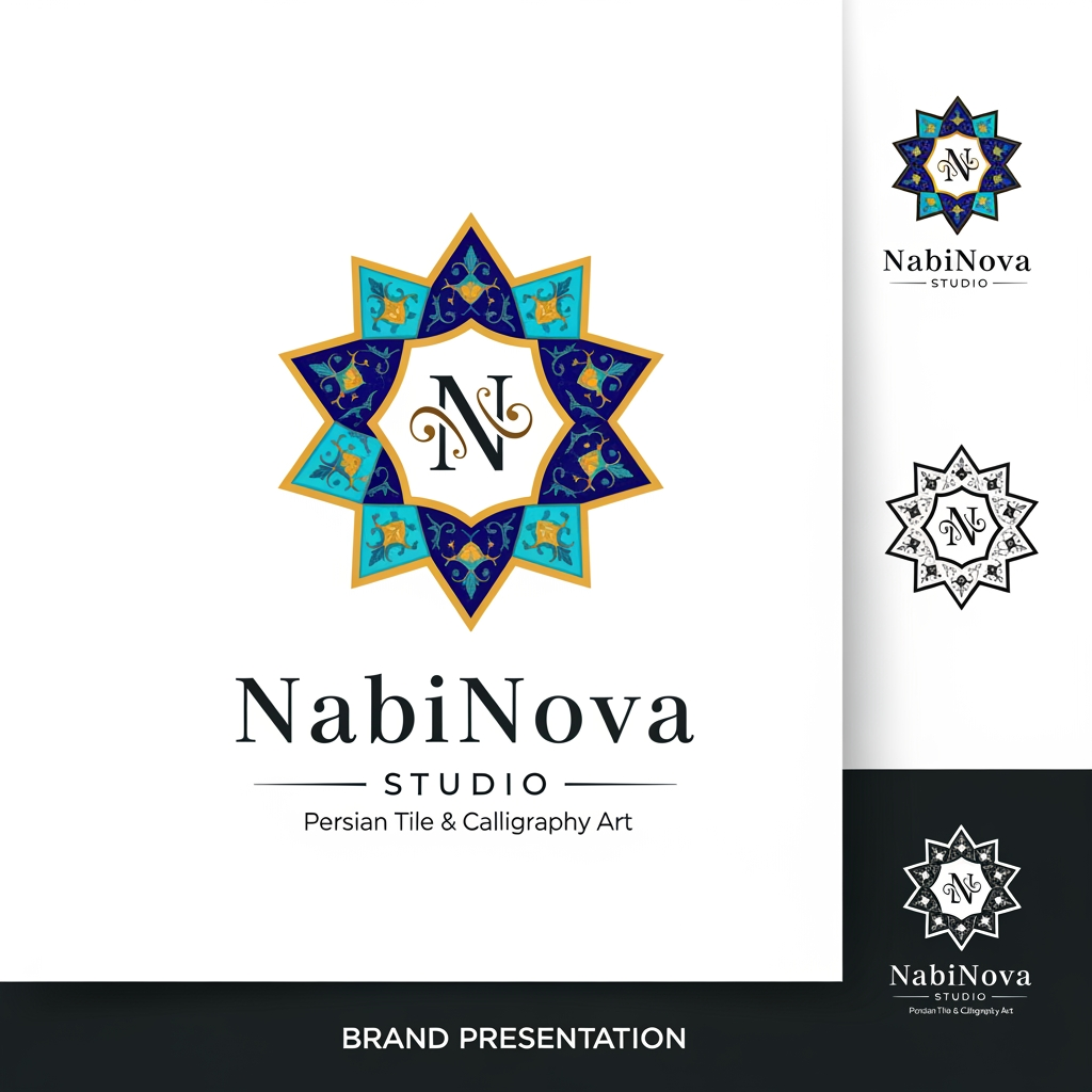 AI Design for Design a premium logo for a Persian ceramic art and tile studio called "NabiNova Studio".
The logo should combine:
Traditional Persian tile art
Persian calligraphy aesthetics
An elegant monogram based on the letter N
An eight-point Persian star (Shamsa) motif
Inspiration from historic Iranian mosque tiles and Isfahan architecture
Handcrafted artisan identity
Luxury and timeless design
Style requirements:
Clean vector logo
Professional brand identity
Minimal but culturally rich
Suitable for laser engraving, stamps, packaging, business cards, website, and ceramic tile backs
Balanced combination of modern European branding and classical Persian ornamentation
Symmetrical composition
High-end luxury appearance
Color palette:
Deep Persian blue
Turquoise
Gold accents
Ivory background
Typography:
Main text: NabiNova
Secondary text: STUDIO
Optional tagline: Persian Tile & Calligraphy Art
Elegant serif typography with refined spacing
Symbol concept:
A stylized monogram "N" integrated with Persian calligraphic curves, placed in front of or inside a geometric eight-point star tile pattern. The symbol should be recognizable even without text.
Avoid:
Cartoon style
Generic AI logo look
Overly complex ornamentation
Modern tech-company aesthetics
3D effects
Mockups
Output:
White background
Pure vector logo style
Brand presentation board
Black-and-white version included
SVG-ready design
Museum-quality artisan branding