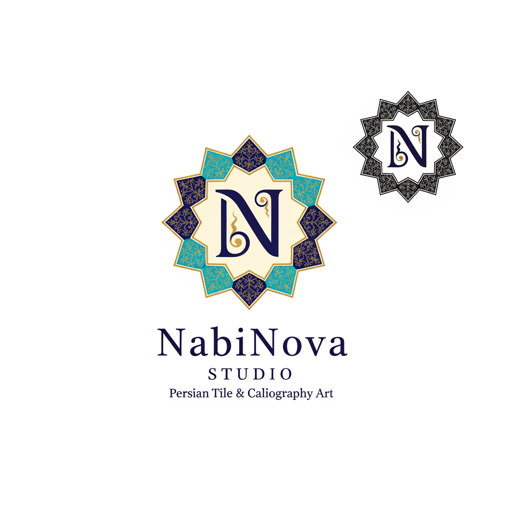 AI Design for Design a premium logo for a Persian ceramic art and tile studio called "NabiNova Studio".
The logo should combine:
Traditional Persian tile art
Persian calligraphy aesthetics
An elegant monogram based on the letter N
An eight-point Persian star (Shamsa) motif
Inspiration from historic Iranian mosque tiles and Isfahan architecture
Handcrafted artisan identity
Luxury and timeless design
Style requirements:
Clean vector logo
Professional brand identity
Minimal but culturally rich
Suitable for laser engraving, stamps, packaging, business cards, website, and ceramic tile backs
Balanced combination of modern European branding and classical Persian ornamentation
Symmetrical composition
High-end luxury appearance
Color palette:
Deep Persian blue
Turquoise
Gold accents
Ivory background
Typography:
Main text: NabiNova
Secondary text: STUDIO
Optional tagline: Persian Tile & Calligraphy Art
Elegant serif typography with refined spacing
Symbol concept:
A stylized monogram "N" integrated with Persian calligraphic curves, placed in front of or inside a geometric eight-point star tile pattern. The symbol should be recognizable even without text.
Avoid:
Cartoon style
Generic AI logo look
Overly complex ornamentation
Modern tech-company aesthetics
3D effects
Mockups
Output:
White background
Pure vector logo style
Brand presentation board
Black-and-white version included
SVG-ready design
Museum-quality artisan branding