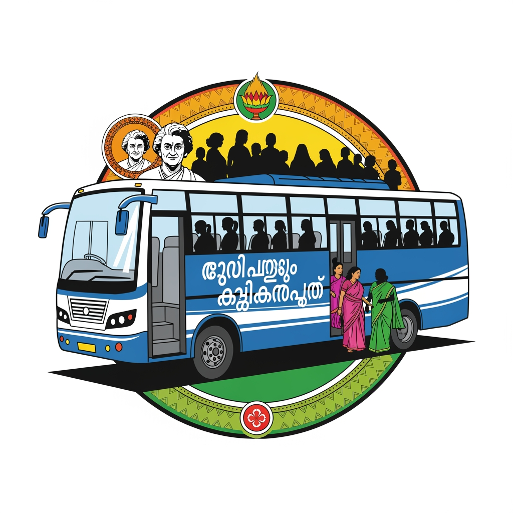 AI Design for make a logo that women can travel on bus freely in malayam . this also should include womens , indira gandhi , bus etc
