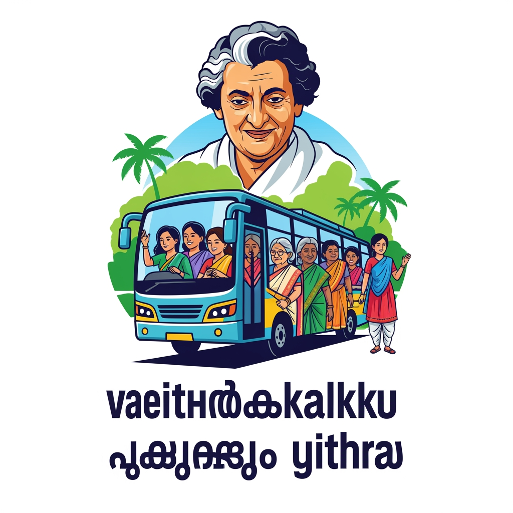 AI Design for make a logo that different types of women like older women ,youger women , some in saree or some in churithars can travel on bus freely in malayam . this also should include womens , indira gandhi , bus etc