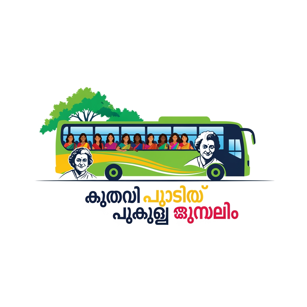 AI Design for make a logo that women can travel on bus freely in malayam . this also should include womens , indira gandhi , bus etc