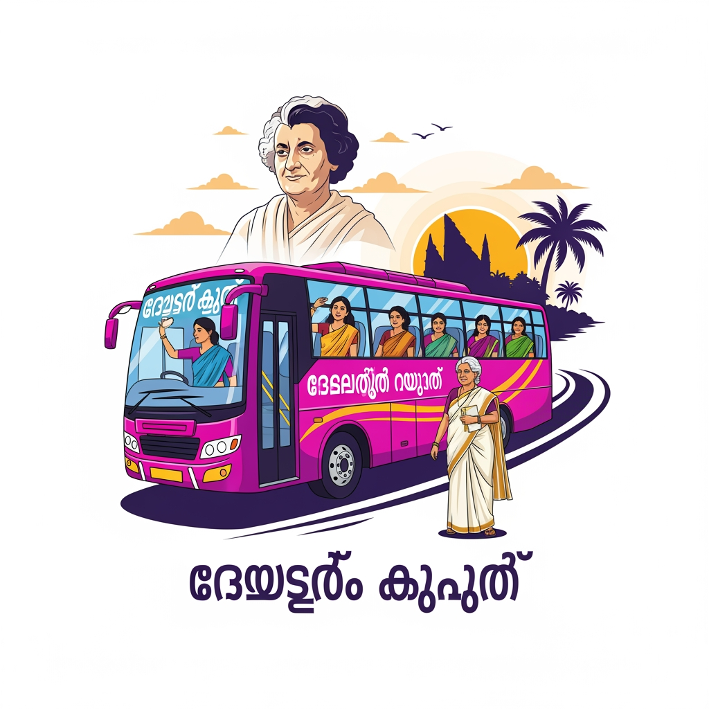 AI Design for make a logo that different types of women like older women ,youger women , some in saree or some in churithars can travel on bus freely in malayam . this also should include womens , indira gandhi , bus etc