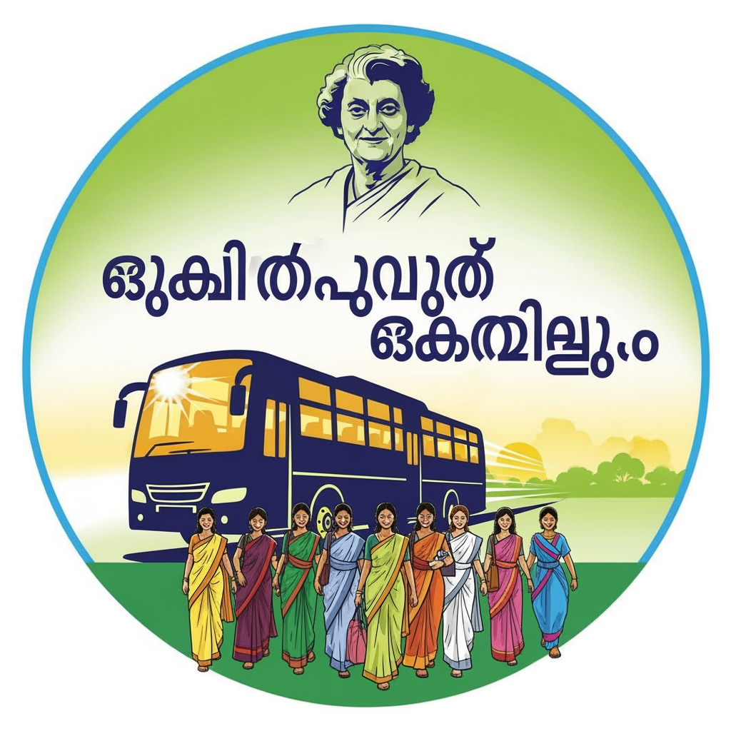 AI Design for make a logo that women can travel on bus freely in malayam . this also should include womens , indira gandhi , bus etc