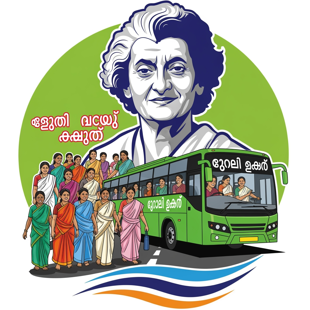 AI Design for make a logo that women can travel on bus freely in malayam . this also should include womens , indira gandhi , bus etc