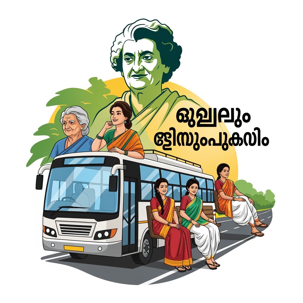 AI Design for make a logo that different types of women like older women ,youger women , some in saree or some in churithars can travel on bus freely in malayam . this also should include womens , indira gandhi , bus etc
