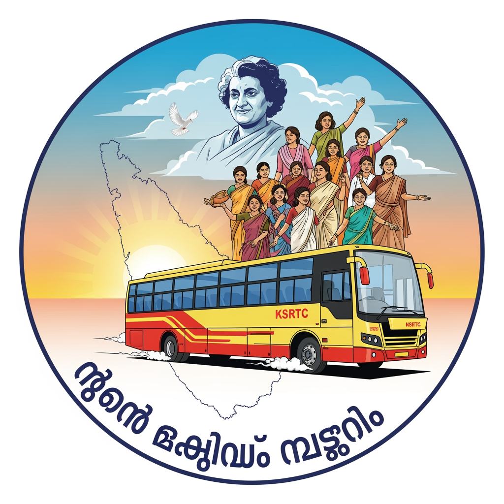 AI Design for make a logo that women can travel on bus freely in malayam . this also should include womens , indira gandhi , bus etc