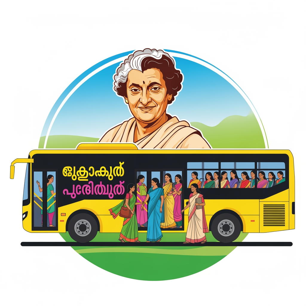 AI Design for make a logo that women can travel on bus freely in malayam . this also should include womens , indira gandhi , bus etc