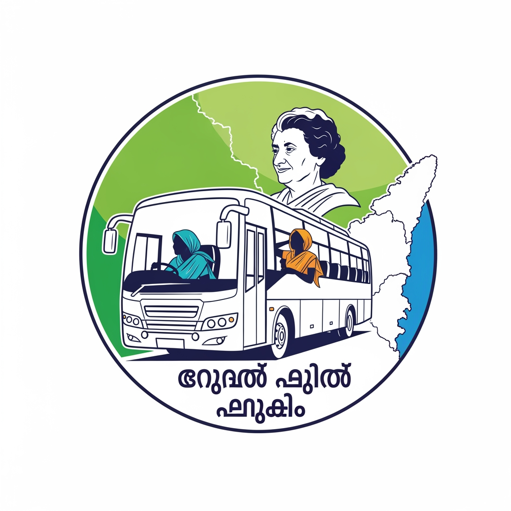 AI Design for make a logo that women can travel on bus freely in malayam . this also should include womens , indira gandhi , bus etc