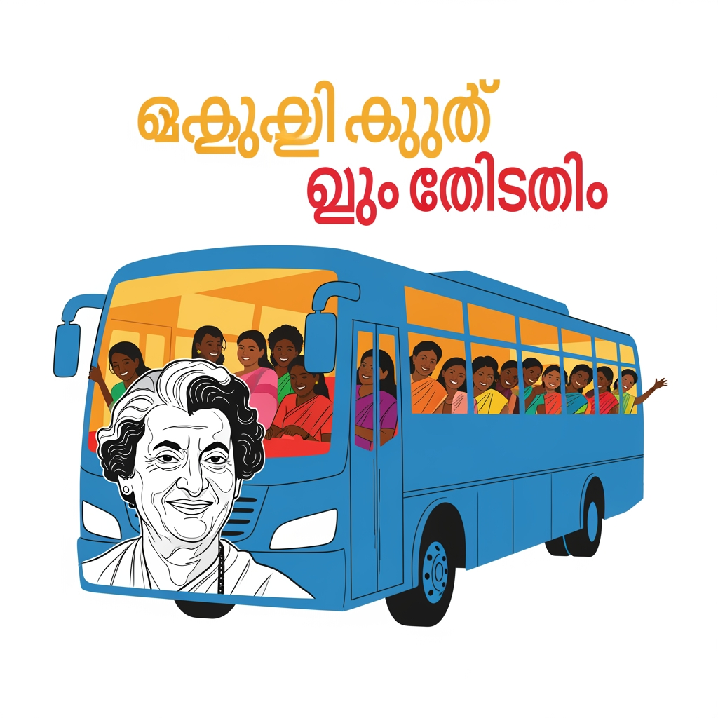 AI Design for make a logo that women can travel on bus freely in malayam . this also should include womens , indira gandhi , bus etc